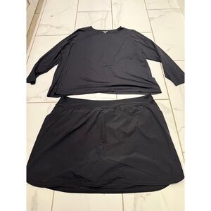 Lands End Plus Womens Swim Set 3X 24W Black Rash Guard Skirt Shorts Beach Pool